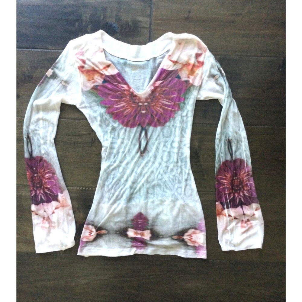 Oramomi Long Sleeved White T Shirt Small Speak Out Peakaware Birds Flowers Yoga